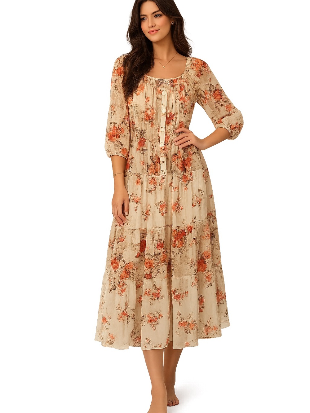 Bohemian Floral Tiered Midi Dress in Beige and Orange